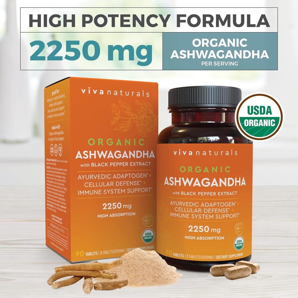 Organic Ashwagandha Supplement with Black Pepper - Includes 2250 mg Ashwagandha Root Powder & Organic Black Pepper for Superior Absorption (90 Tablets), Antioxidant & Immune Support 5