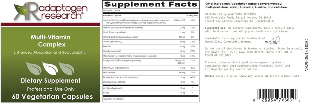Multi-Vitamin Complex | Once Daily Multivitamin Supplement with Folate as Metafolin L-5-MTHF B12 as Methylcobalamin Vitamin A C D3 and more| Enhanced Absorption & Bioavailability | 60 Vegetarian Caps 3
