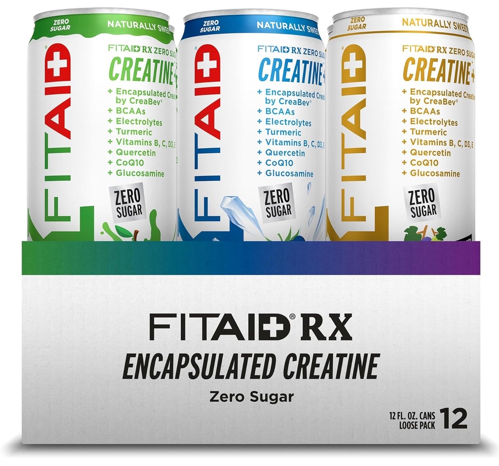 FITAID RX Zero Sugar, Encapsulated Creatine, Workout Recovery Drink, All-In-One Blend, BCAAs, Glucosamine, Turmeric, B-Complex, Electrolytes, Variety Pack, 12 Fl Oz (Pack of 12) 5