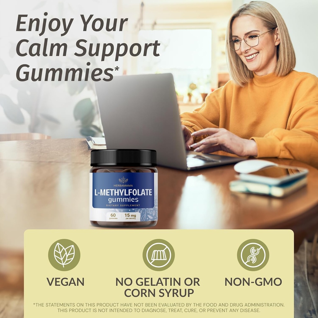 HERBAMAMA L-Methylfolate Gummies - 15mg 5-MTHF Calming Supplement for Adults - Vegan, Non-GMO Methylated Folate (Vitamin B9) for Brain Support - 60 Pectin-Based Blueberry-Flavored Chews 3