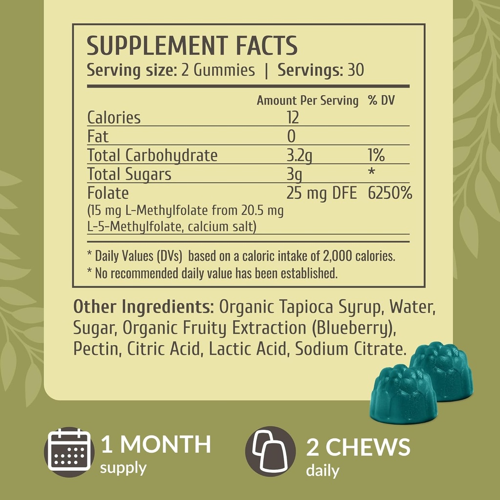 HERBAMAMA L-Methylfolate Gummies - 15mg 5-MTHF Calming Supplement for Adults - Vegan, Non-GMO Methylated Folate (Vitamin B9) for Brain Support - 60 Pectin-Based Blueberry-Flavored Chews 4