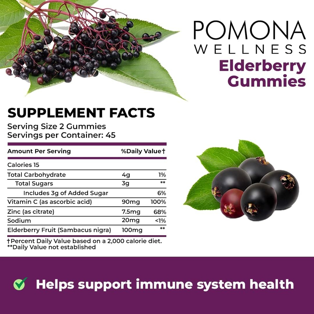 Pomona Wellness Elderberry Gummies with Zinc and Vitamin C for Immune Support 3-1 Chewable Black Elderberry Gummy Supplement for Kids and Adults, Vegan, 90 Gummies 6