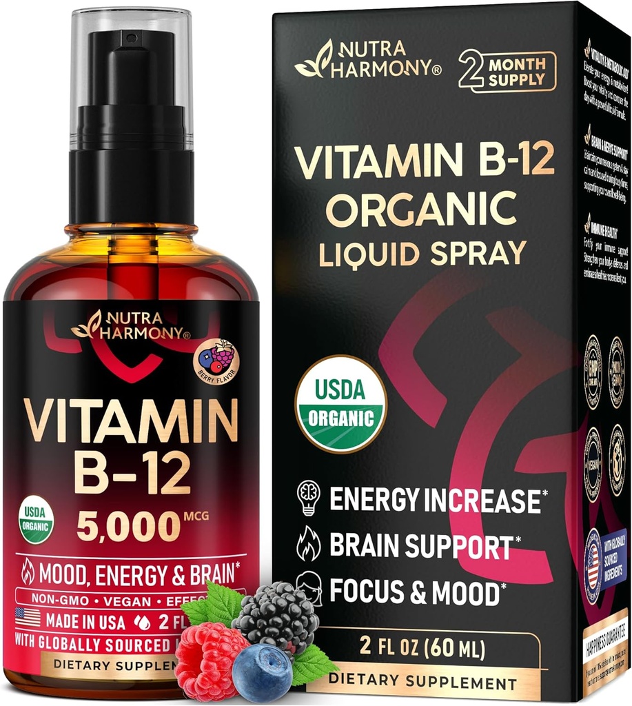 USDA Organic Vitamin B12 Sublingual Spray - 5000 mcg Liquid Vegan Methylcobalamin for Women & Men - Energy Boost, Focus & Mood, Brain Health Support - Maximize Absorption - 2 Month Supply, 2 fl oz 2