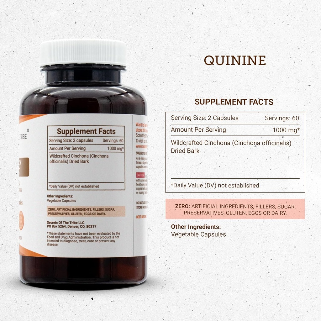 Secrets of the Tribe Quinine Capsules 1000 mg Wildcrafted Quinine (Cinchona officinalis) Dried Bark, Leg Cramp Support Supplement (120 Capsules) 4