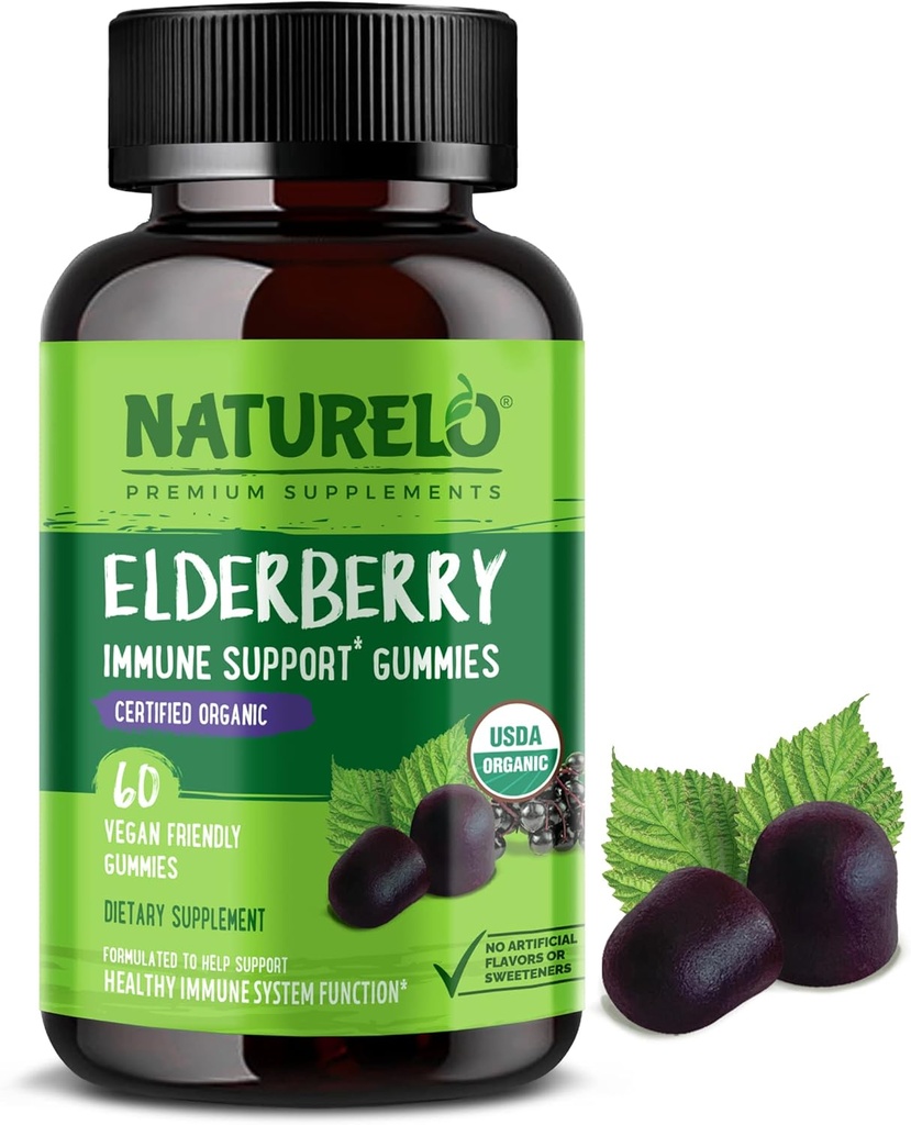 NATURELO Elderberry Gummies Immune Support with Sambucus Elderberry + Vitamin C + Zinc Certified Organic, 60ct 2