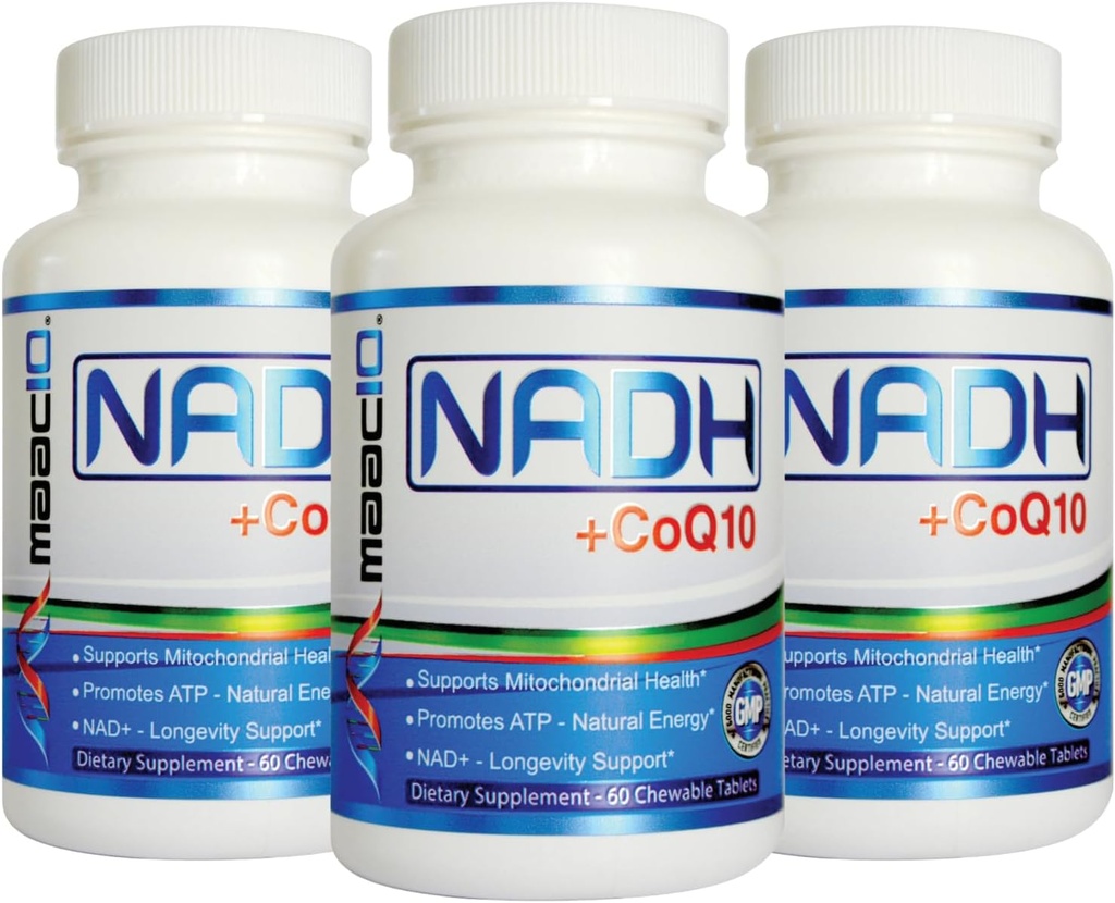 MAAC10 NADH + CoQ10 Chewable Tablets (3-Pack - 180 Tablets) | 50mg PANMOL® NADH + 100mg CoQ10 Supports Fatigue, Energy and NAD+, Non-GMO, Gluten Free, Vegetarian (3 Month Supply) 2