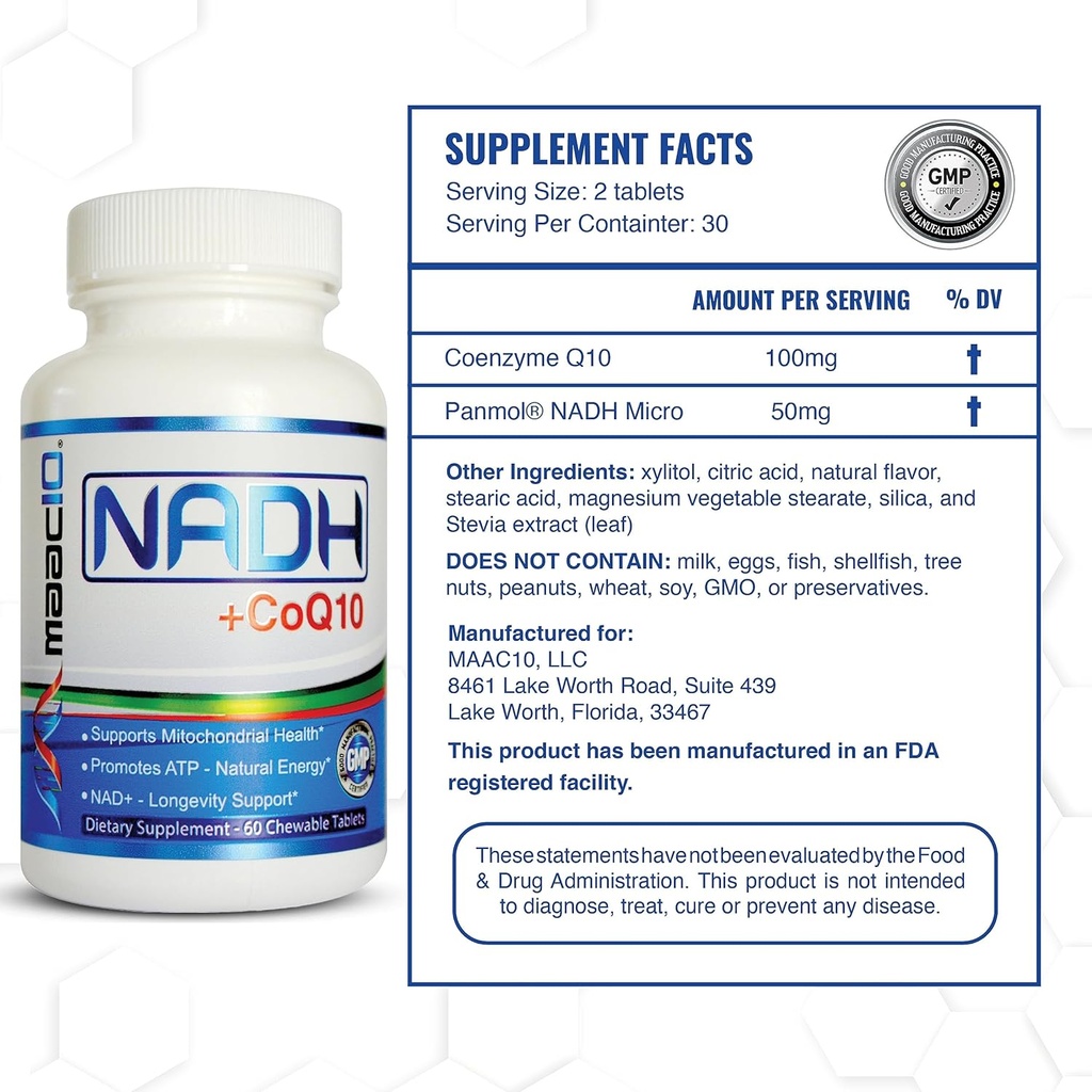 MAAC10 NADH + CoQ10 Chewable Tablets (3-Pack - 180 Tablets) | 50mg PANMOL® NADH + 100mg CoQ10 Supports Fatigue, Energy and NAD+, Non-GMO, Gluten Free, Vegetarian (3 Month Supply) 3