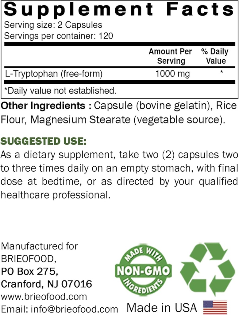 Brieofood L-Tryptophan 1000mg per Serving - 240 Capsules - Supports Poisitive Mood & Relaxation 3