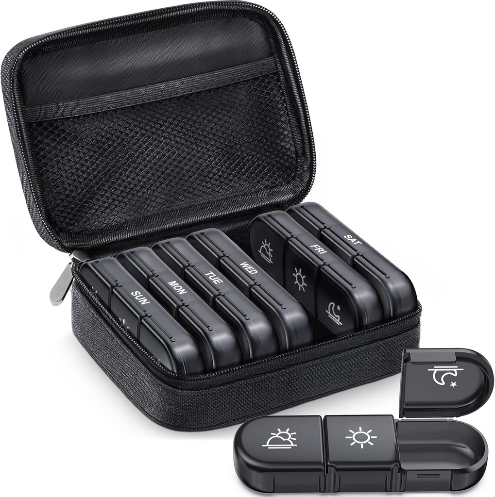 ZIKEE Large Weekly Pill Case Organizer 3 Times a Day, Portable Light Proof Canvas Bag Pill Box 7 Day to Protect Your Privacy and Store Medication, Vitamin, Fish Oil, Supplement (Black) 2