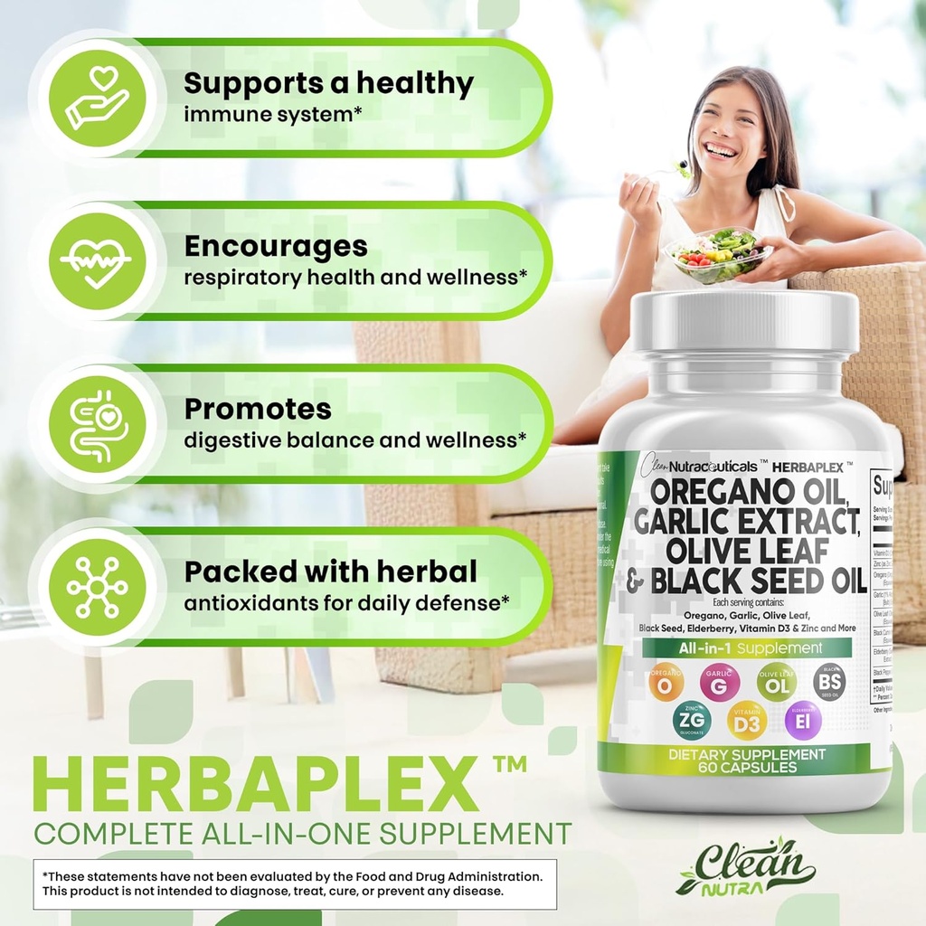Clean Nutraceuticals Oregano Oil Garlic Extract Olive Leaf Black Seed Oil- Immune Support & Digestive Health Supplement for Women and Men with Vitamin D3 & Zinc - 5Pack 6