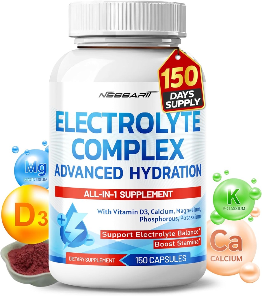 Electrolyte Complex - Advanced Hydration with Vitamin D3, Calcium, Magnesium, Phosphorus, Potassium - 150 Count - Made & Tested in The USA 2