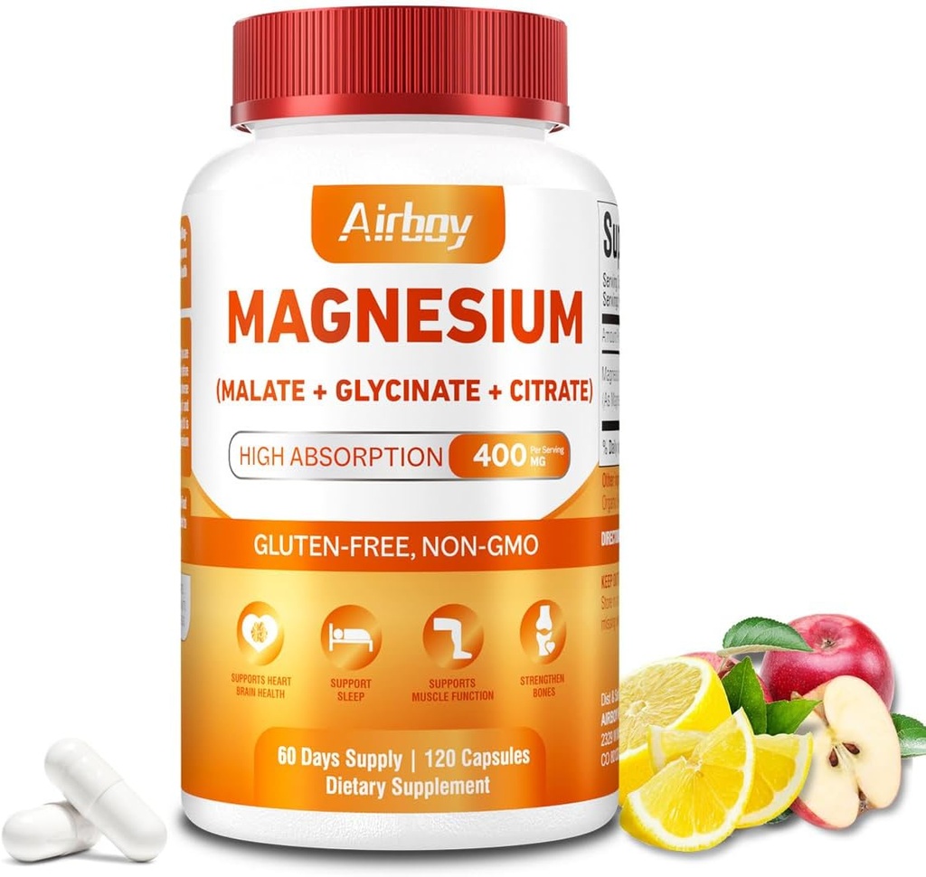 Airboy Magnesium Mineral Supplements Triple Magnesium Complex Supplement, 400mg of Magnesium Glycinate, Malate, Citrat, High Absorption Support Sleep, Muscle, and Relaxation,120 Vegan Capsules 2