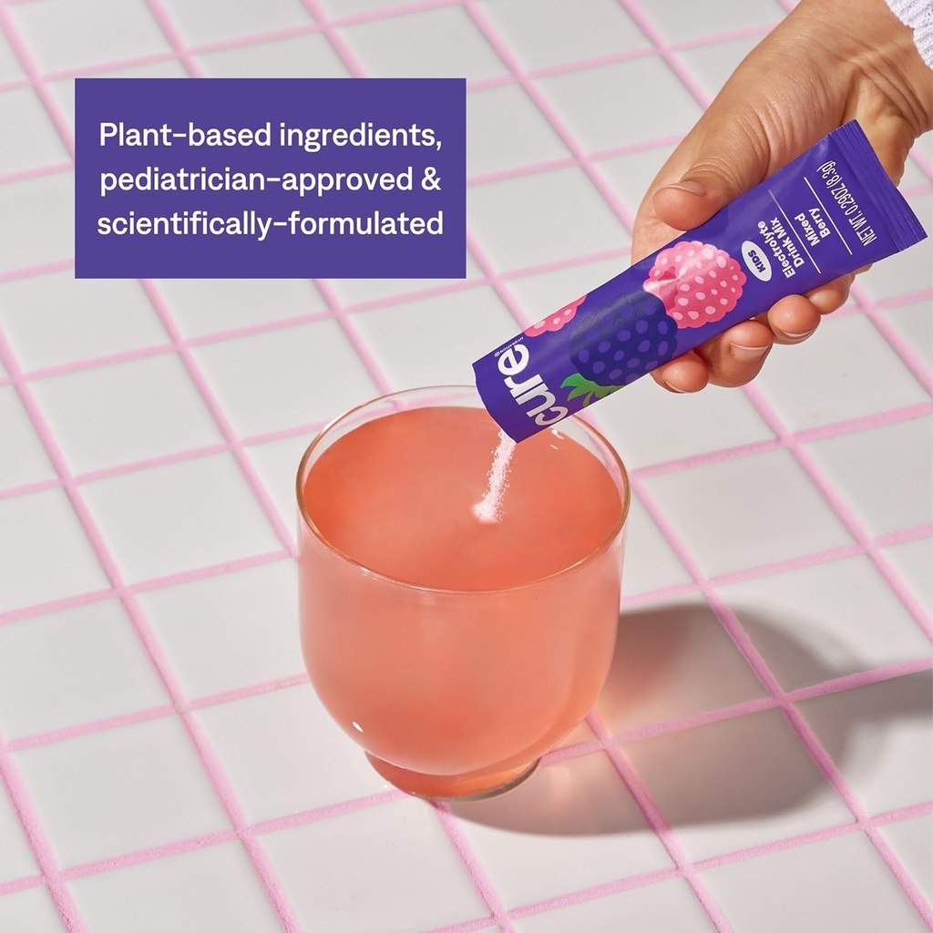 Cure Hydration - Kids Electrolyte Drink Mix | Plant-Based Pediatrician Formulated Rehydration Powder | No Added Sugar, Non-GMO, Gluten-Free | Pink Lemonade, Mixed Berry, Fruit Punch - Bundle 5