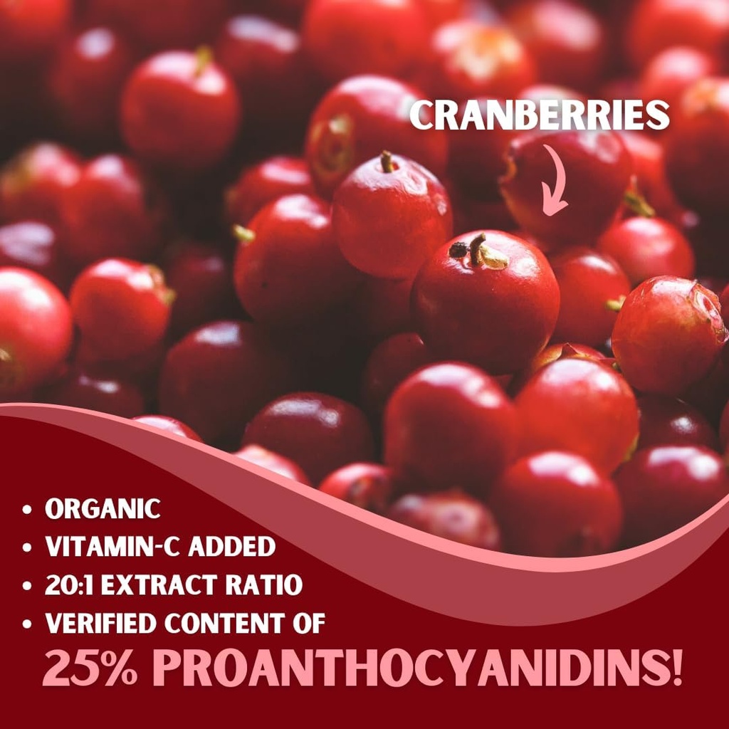 Cranberry Extract Pills Supplement 25% Proanthocyanidins with Vitamin C - Urinary Tract, Skin, Immune Support - 180 Veggie Capsules - Non-GMO, Gluten-Free, Vegan Friendly 4