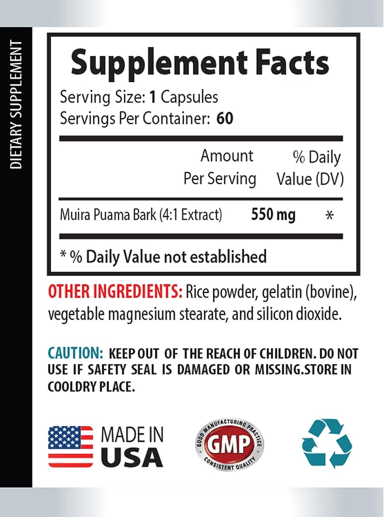 energy supplements for men - MUIRA PUAMA EXTRACT 2200Mg - MALE ENHANCEMENT - energy boost - muira puama for men - muira puama for women - muira puama herb - muira puama root extract - 3 Bot 180 Caps 6