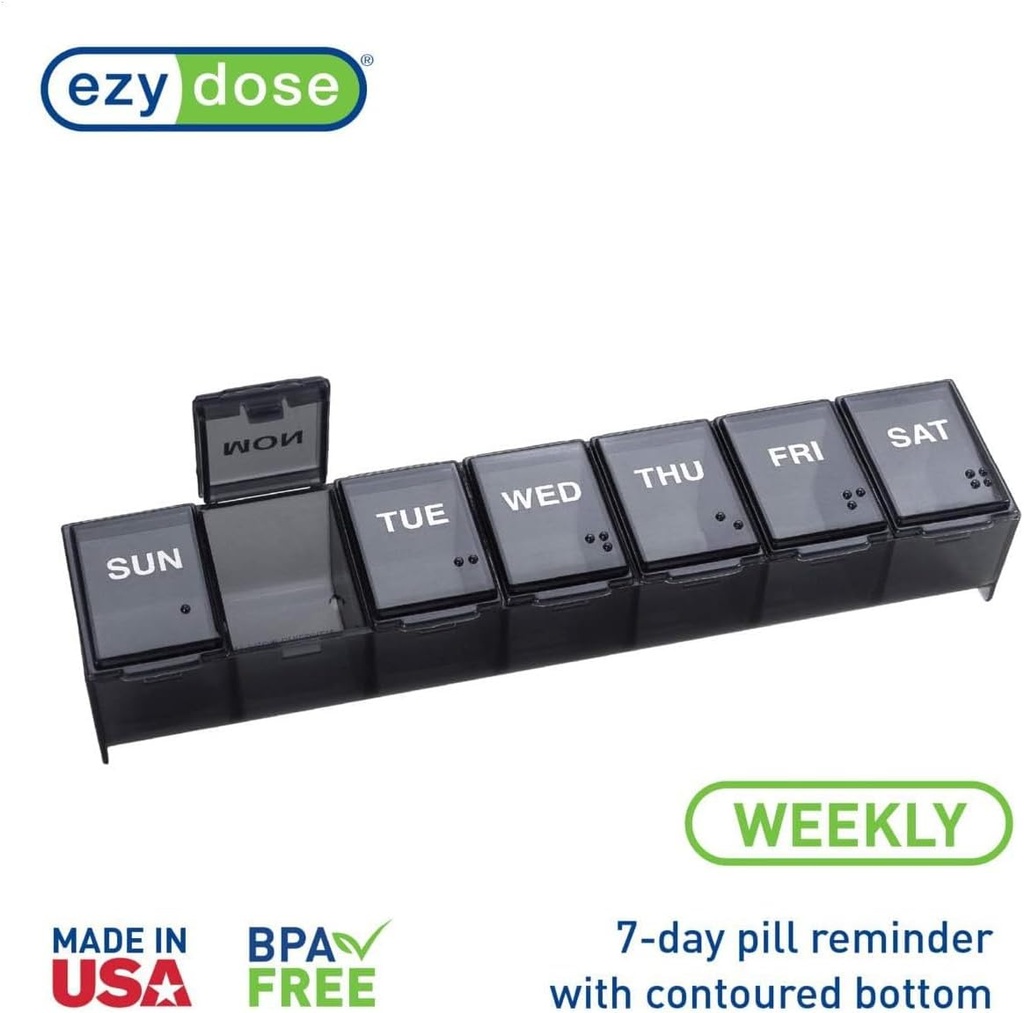 EZY DOSE Weekly (7-Day) Daily Pill Case, Medicine Planner, Vitamin Organizer, Supplement Container, Convenient and Easy to Use, Large Compartments, Travel Friendly, Black, Made in the USA, BPA Free 4