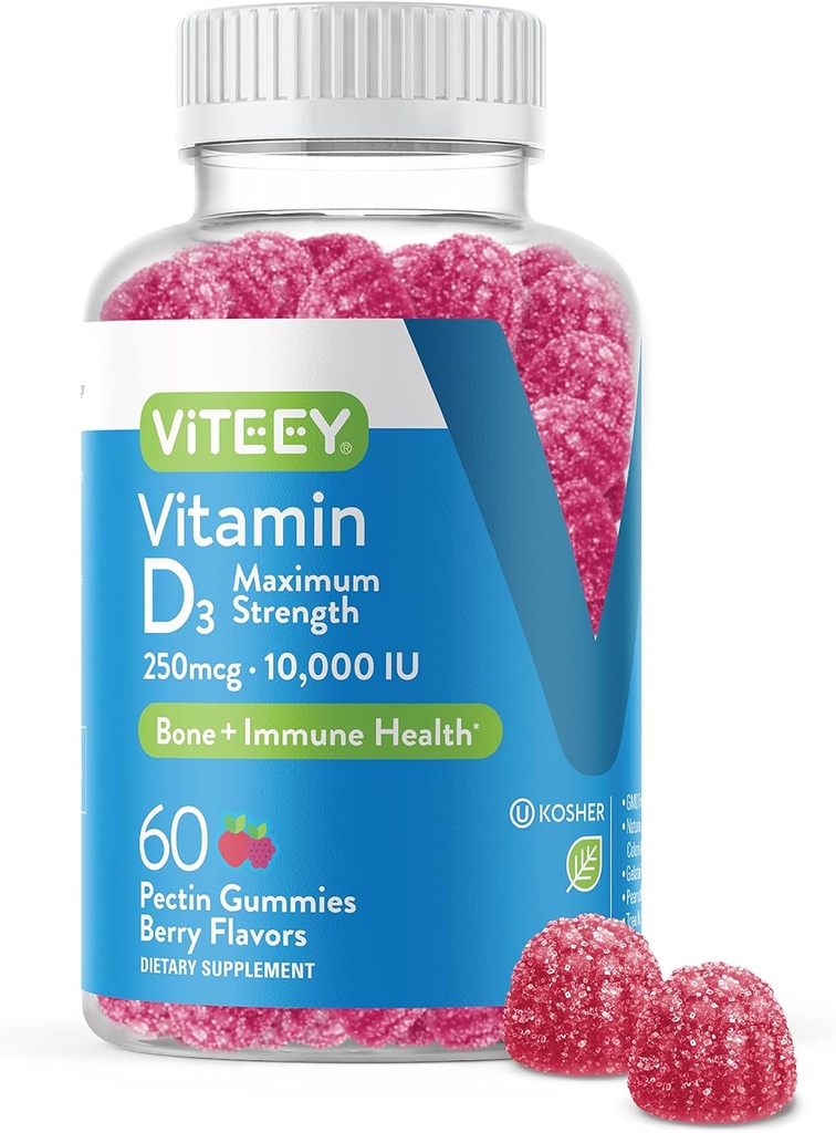 Viteey Vitamin D3 Gummies for Adults & Teens - 10,000 IU, 250mcg, Maximum Strength - Joint & Muscle Health, Immune Boost - Chewable Vitamin D Gummies - Vegetarian, Gelatin Free - Tasty Berry Flavored 2