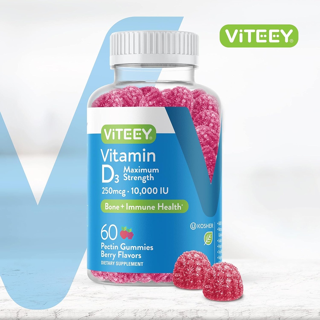 Viteey Vitamin D3 Gummies for Adults & Teens - 10,000 IU, 250mcg, Maximum Strength - Joint & Muscle Health, Immune Boost - Chewable Vitamin D Gummies - Vegetarian, Gelatin Free - Tasty Berry Flavored 3