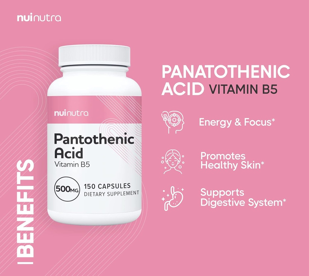 NUI NUTRA Pantothenic Acid (Vitamin B5) Supplement 500mg, 150 Capsules - Supports Energy, Focus, Digestive System, & Healthy Skin 4