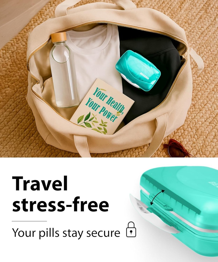Travel Pill Organizer - Airtight Medicine Case for Traveling Portable Pharmacy Box with Labels Vitamin Container 8 Compartment Supplement Medication Holder Large Capacity Daily (Green) 6