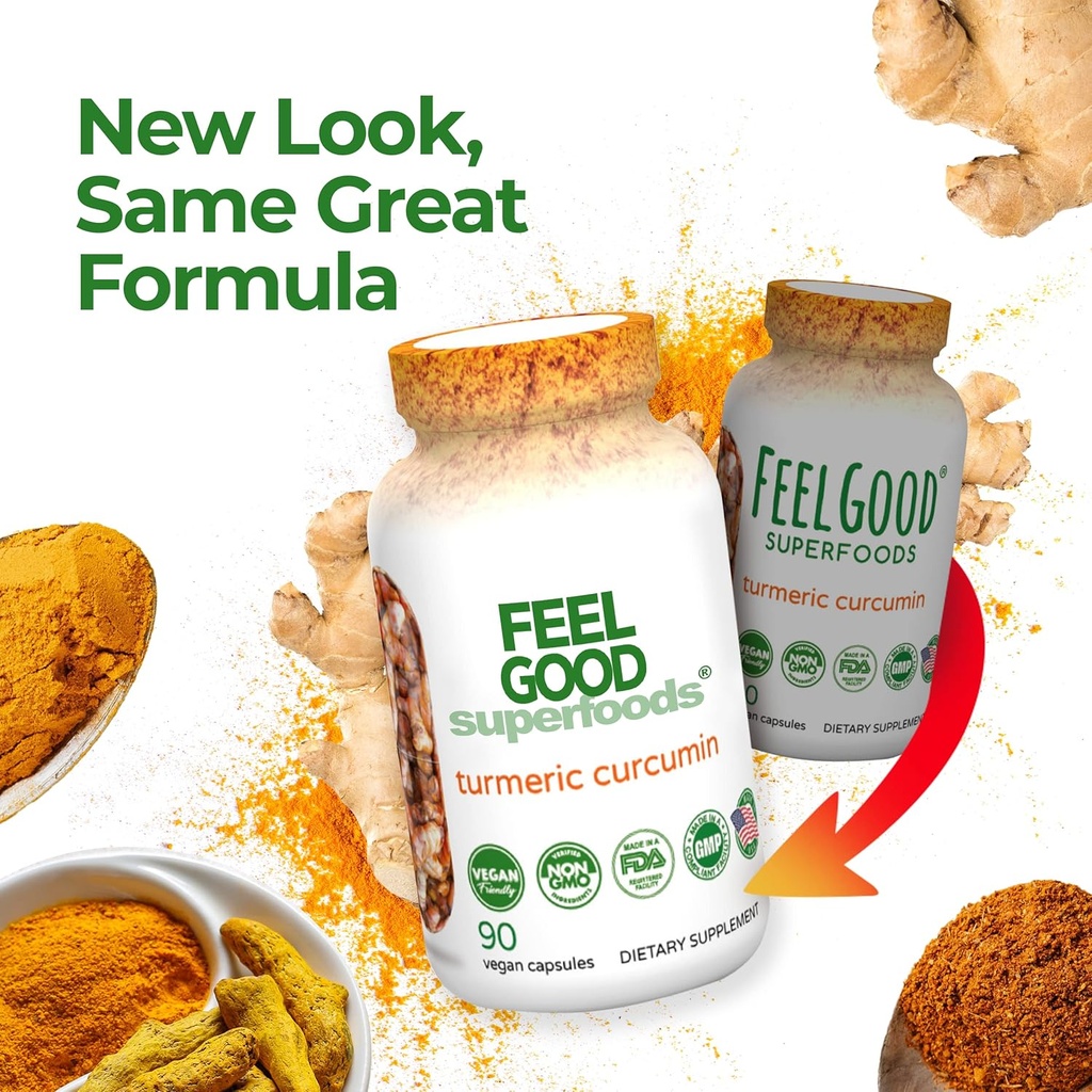 FeelGood Superfoods 1000mg Turmeric Curcumin Capsules, Fortified with 95% Curcumin Extract and Black Pepper Extract, 90 Count 4