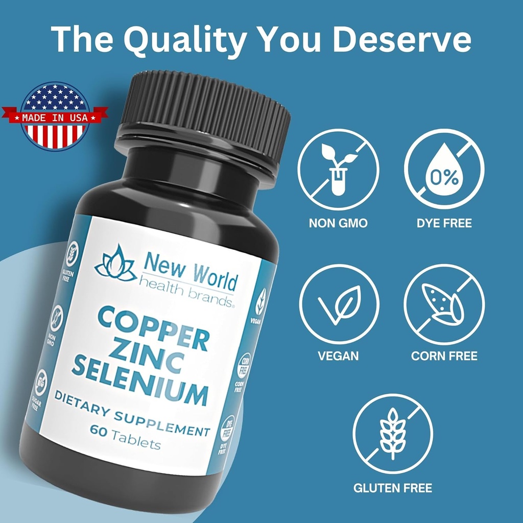 New World Health Brands Copper Zinc Selenium (5mg, 40mg, 200mcg) 3 in 1 Blend | 60 Tablets | Antioxidant Protection, Immune Support, Easy to Swallow 3
