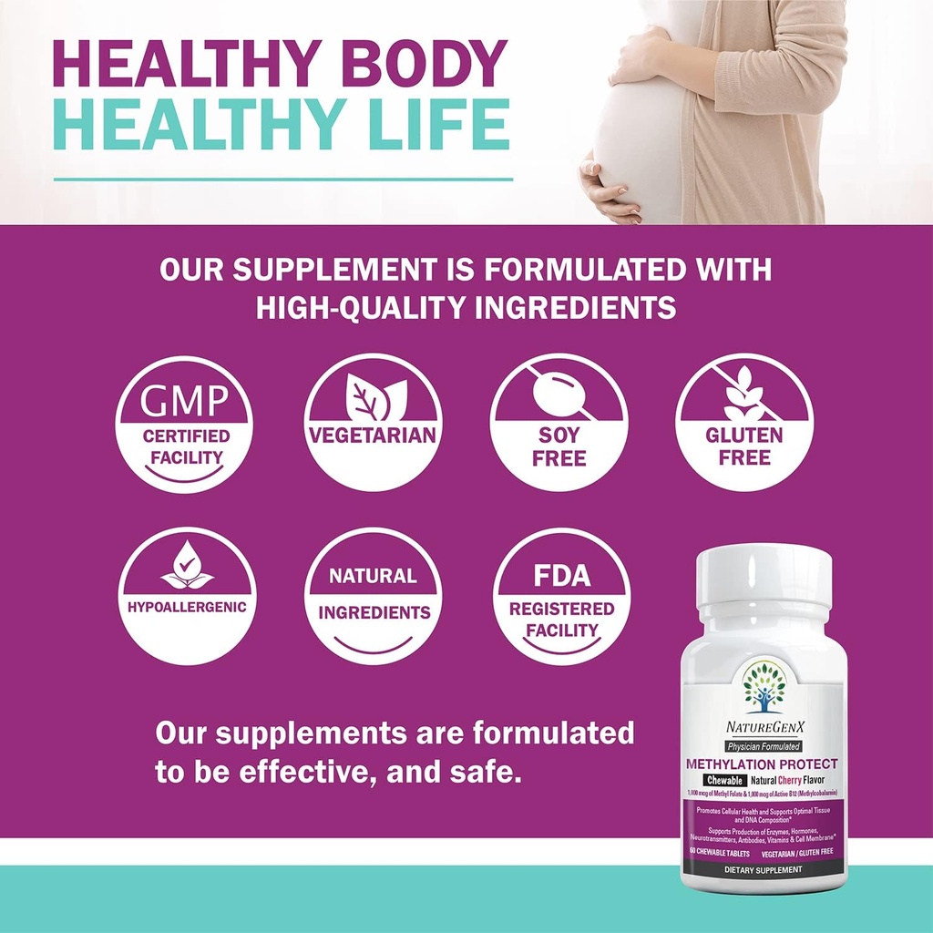 Methylation Protect - Methyl B12 with Methylfolate for MTHFR Support Supplement, Natural Cherry Methylated Vitamins B-12 Plus 5-mthf, Gluten-Free(60 Tablet) 5