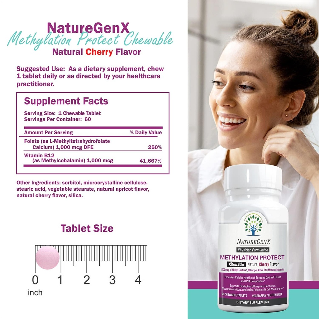 Methylation Protect - Methyl B12 with Methylfolate for MTHFR Support Supplement, Natural Cherry Methylated Vitamins B-12 Plus 5-mthf, Gluten-Free(60 Tablet) 6
