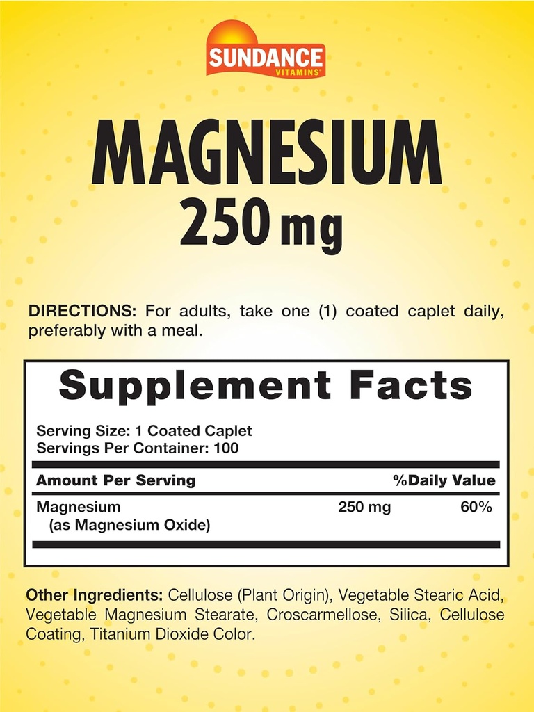 Sundance Magnesium Supplement | 250mg | 100 Caplets | Essential Mineral Formula | Vegetarian, Non-GMO, & Gluten Free 3