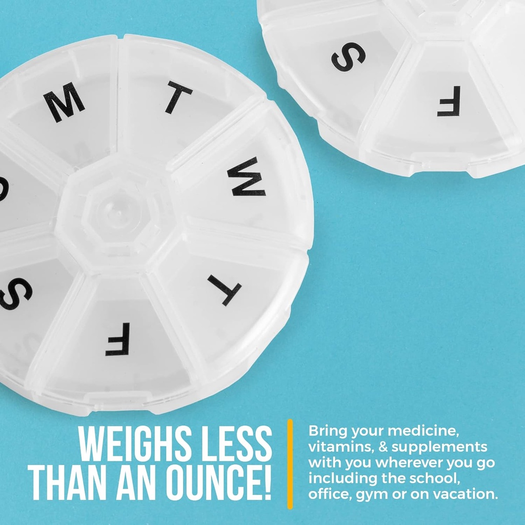 Weekly Pill Organizer - (Pack of 2) 7 Day Pills Container, Round Medicine Organizer Box, Daily Week Pill Reminder Case Travel Friendly, BPA-Free Vitamin, Supplement, Fish Oil, Medication Planner 6