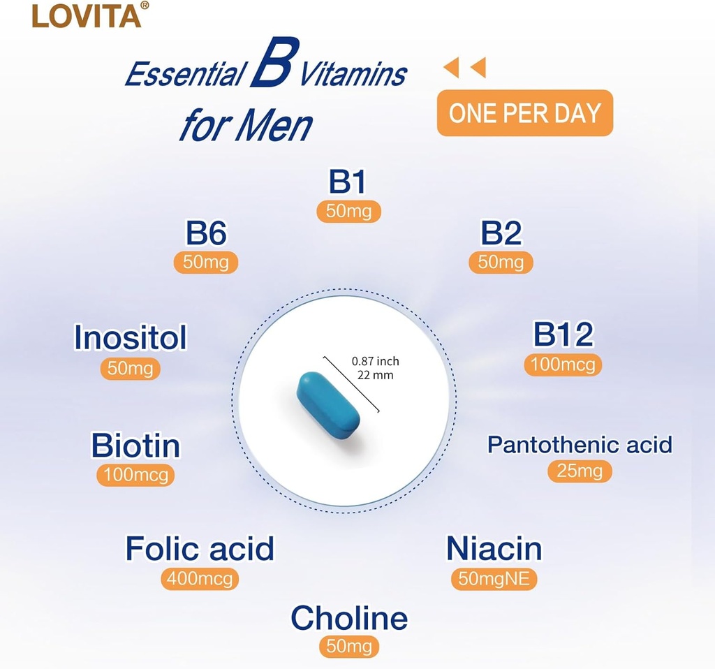 Lovita Timed-Release B Complex for Men | 8-Hour Energy & Nutrient Metabolism Support with 10 Vitamin Bs, Vegetarian Tablets (60 Count) 6