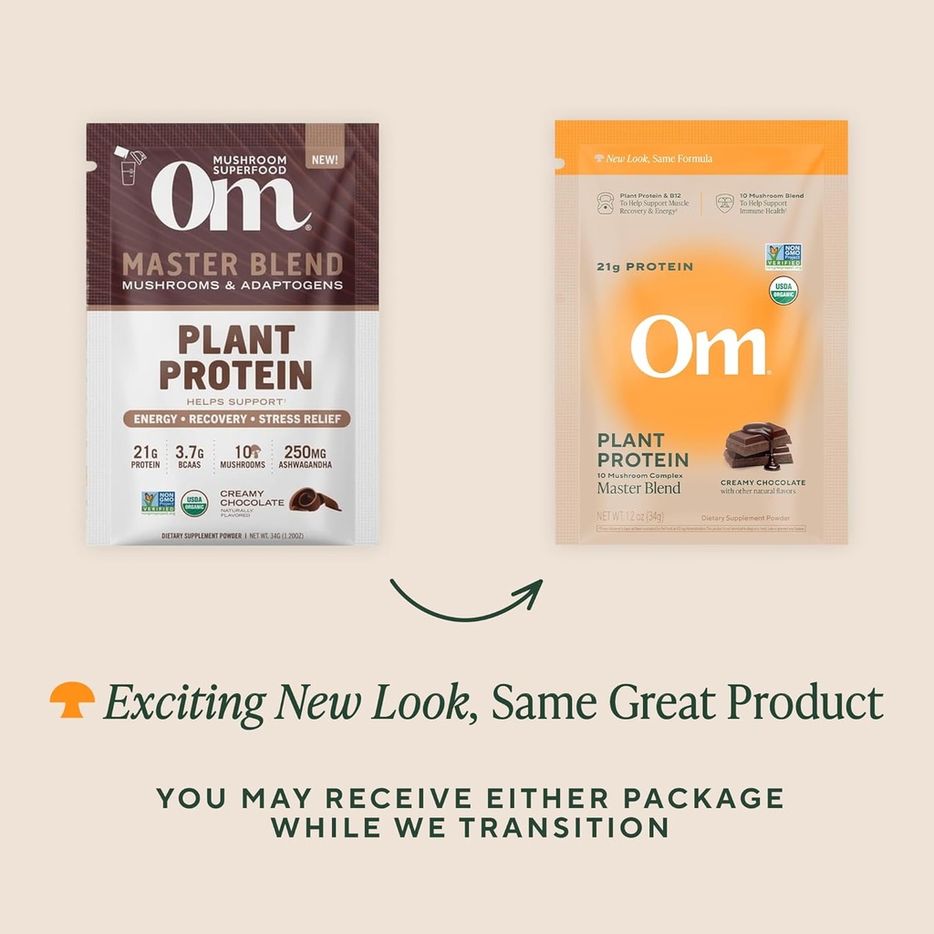 Om Master Blend Vegan Protein Powder, Chocolate, 21g of Plant Protein - Organic Mushroom Supplement with 10 Mushroom Complex, Ashwagandha, BCAAs and Vitamin B12 - Single Serve (10 Count)​ 3