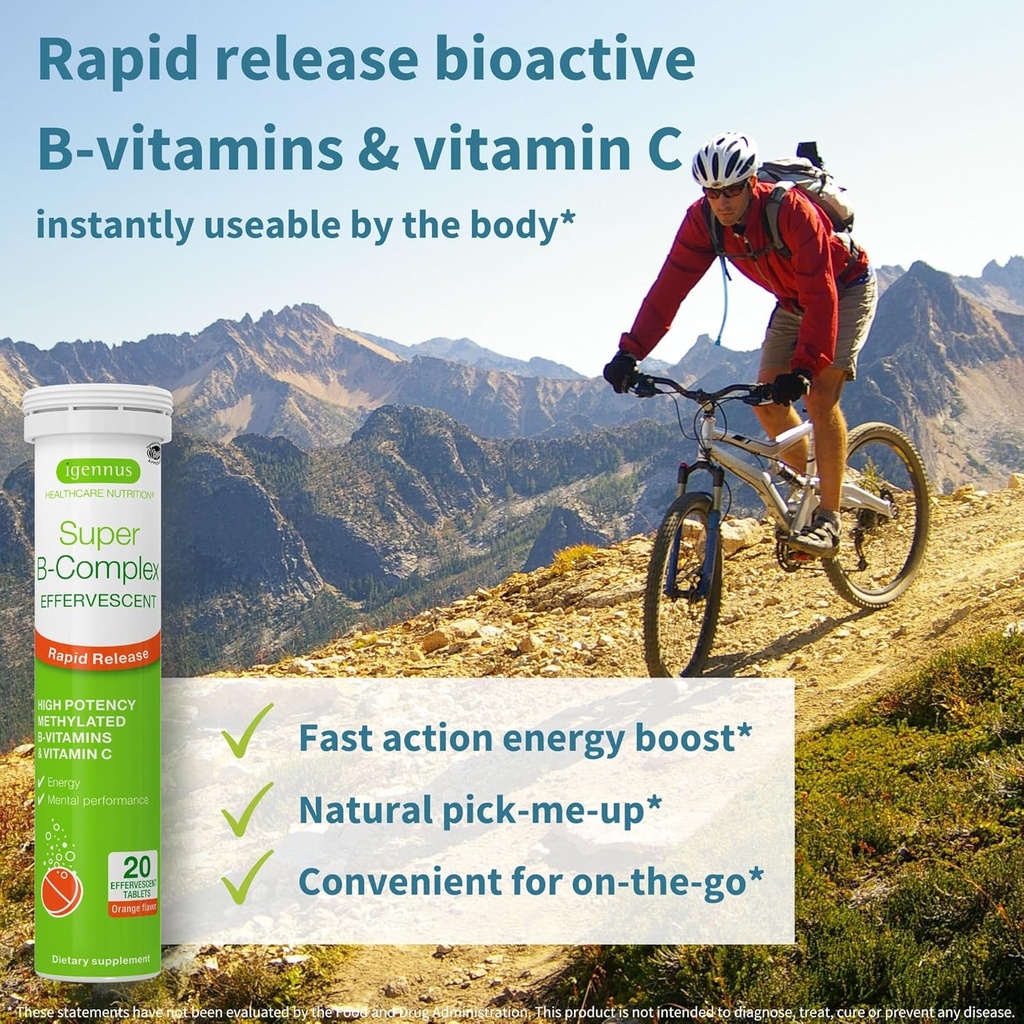 Super B-Complex Bundle, 180 Sustained-Release Tablets & 20 Orange Flavor Effervescent Tablets for Fast Energy On The Go, by Igennus 4