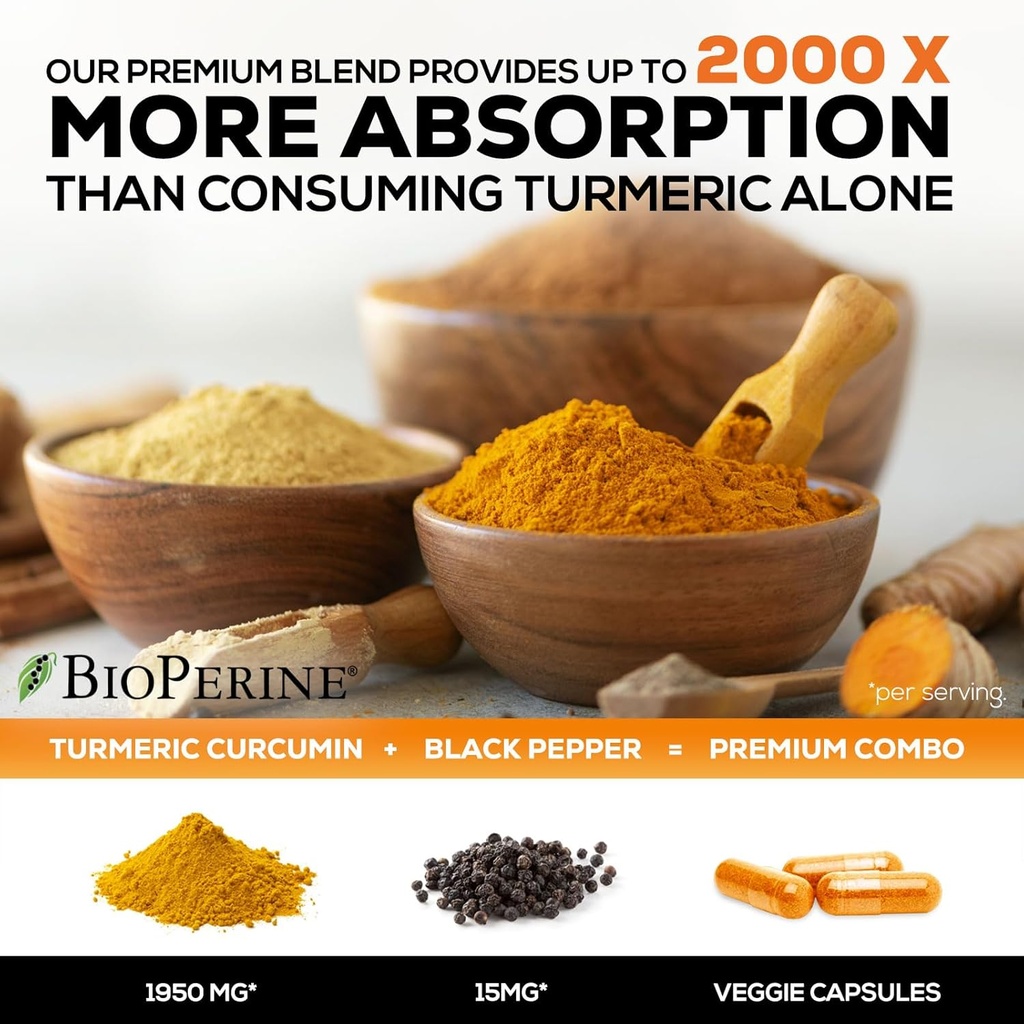 Turmeric Curcumin Supplement with BioPerine 1950mg, 95% Standardized Curcuminoids - Black Pepper for Advanced Absorption, Herbal Joint Support Complex, Nature's Tumeric Extract Non-GMO - 120 Capsules 4