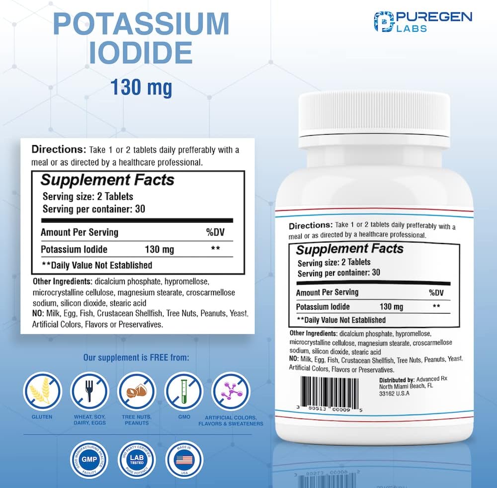 Potassium Iodide Tablets 130 mg EXP 07/2025, Kosher Iodine Tablets, Thyroid Support – 3 Pack | 180 Tablets Total 3