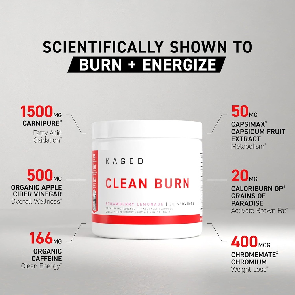 Kaged Clean Burn Powder | Strawberry Lemonade | Thermogenic Weight Management | Boost Metabolism | Organic Caffeine, Apple Cider Vinegar | Supplements for Men & Women | 30 Servings 4
