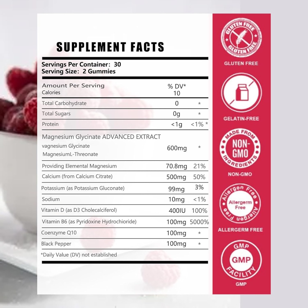 Magnesium Glycinate Gummies 600mg : Sugar-free Gummy Bears With Magnesium, Vitamin D, B6, and CoQ10 for Calm Support & Sleep for Adults & Kids,L-Threonate Multivitamin,Raspberry Flavor 60Count 3