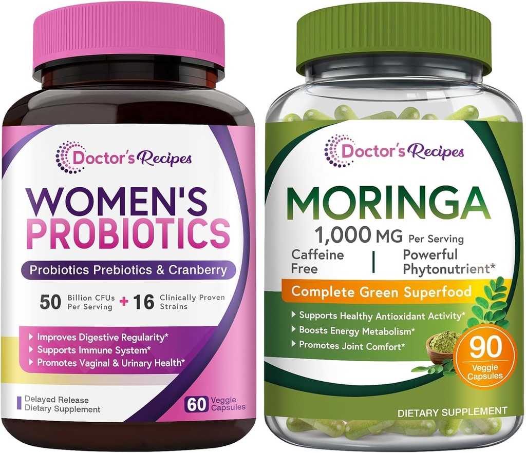 Doctor's Recipes Women’s Probiotics & Organic Moringa Bundle, GI and Women’s Health, Natural Antioxidant Support, No Gluten, Pro (60 Capsules) & Moringa (90 Capsules) 2