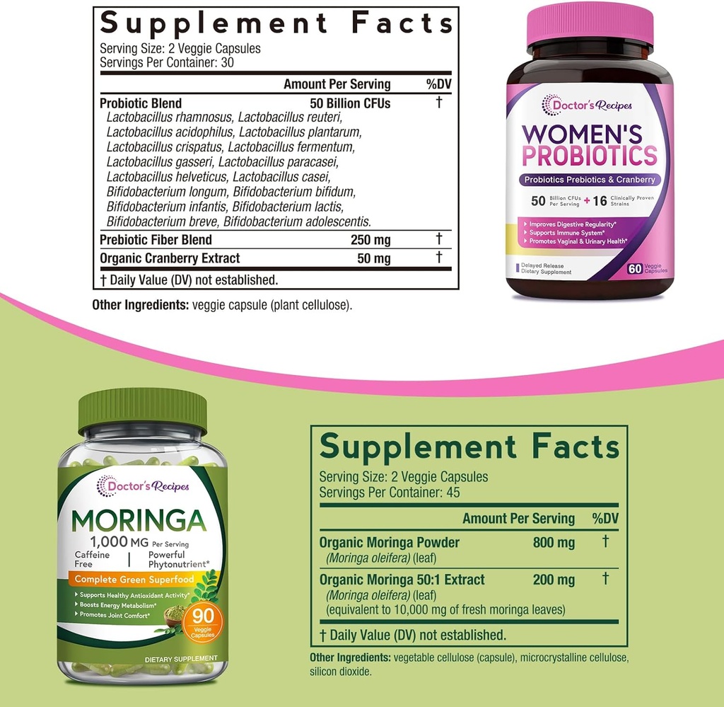 Doctor's Recipes Women’s Probiotics & Organic Moringa Bundle, GI and Women’s Health, Natural Antioxidant Support, No Gluten, Pro (60 Capsules) & Moringa (90 Capsules) 3