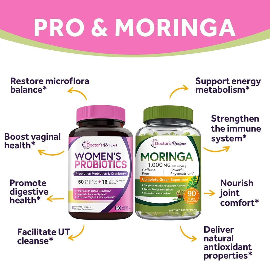 Doctor's Recipes Women’s Probiotics & Organic Moringa Bundle, GI and Women’s Health, Natural Antioxidant Support, No Gluten, Pro (60 Capsules) & Moringa (90 Capsules) 4