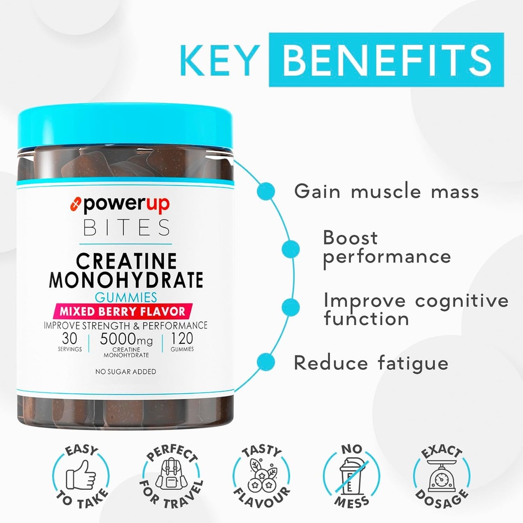 Creatine Monohydrate Gummies for Men & Women, 100% Creatine Mixed Berry Gummies, 5g per Serving + Vegan, Sugar Free + Strength, Energy, Muscle & Booty Gain - 120 Count 4