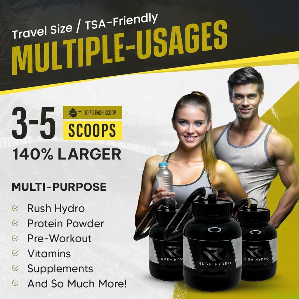RUSH HYDRO Supplement Protein Powder Funnel Keychain, Travel Protein Powder Container with Dual Screw Cap, 100 mL Container for Hydration Powder & Supplements, Black 6