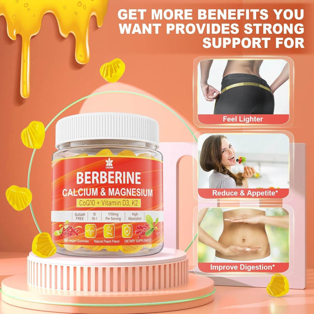 2Pack Berberine Supplement Gummies & 1Pack 5HTP Liquid Filled Gummies for Adults & Kids 8+, Sugar Free 5