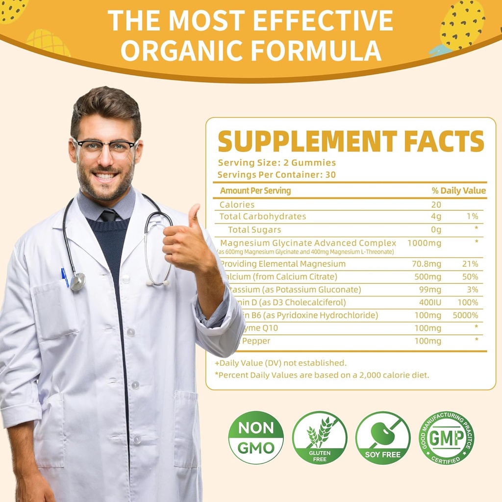 Magnesium Glycinate Gummies 1000mg - Sugar Free Magnesium Potassium Supplement with Vitamin D, B6, CoQ10 for Calm Mood & Sleep Support - 60 Pineapple Gummies -1 Pack 5