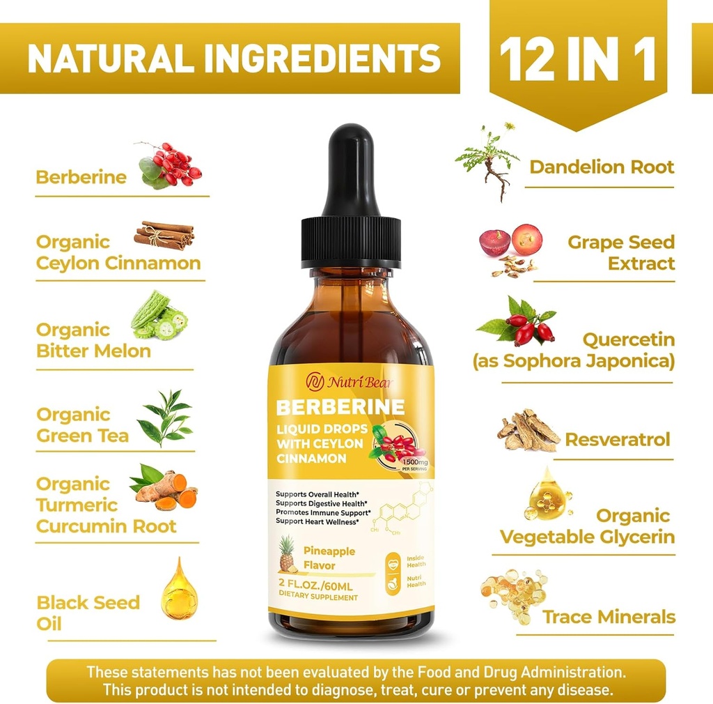 Berberine Supplement with Ceylon Cinnamon, Berberine HCL Liquid Drops with Turmeric, Bitter Melon, Quercetin, 10X Strength AMPK for Digestion System, Immune Health Support -Vegetarian, 2 fl oz 5