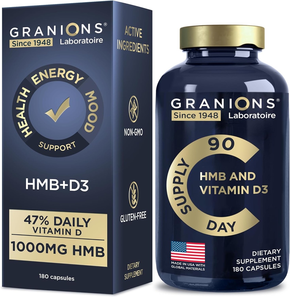 Granions HMB and Vitamin D3 Supplement - Muscle Recovery, Beta Hydroxy Butyrate Pre Workout Muscle Builder, Mass Gainer - 1000 MG with D3 and Calcium - 360 HMB Capsules, 6-Month Supply 6
