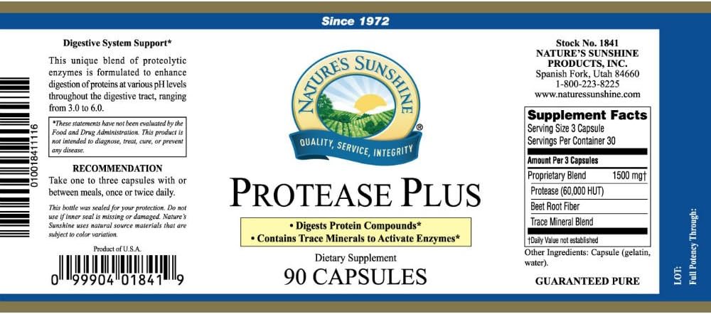 Nature's Sunshine Protease Plus, 90 Capsules | Powerful Digestive Enzyme Supplements with 60,000 HUT Protease to Break Down Proteins and Amino Acids 3