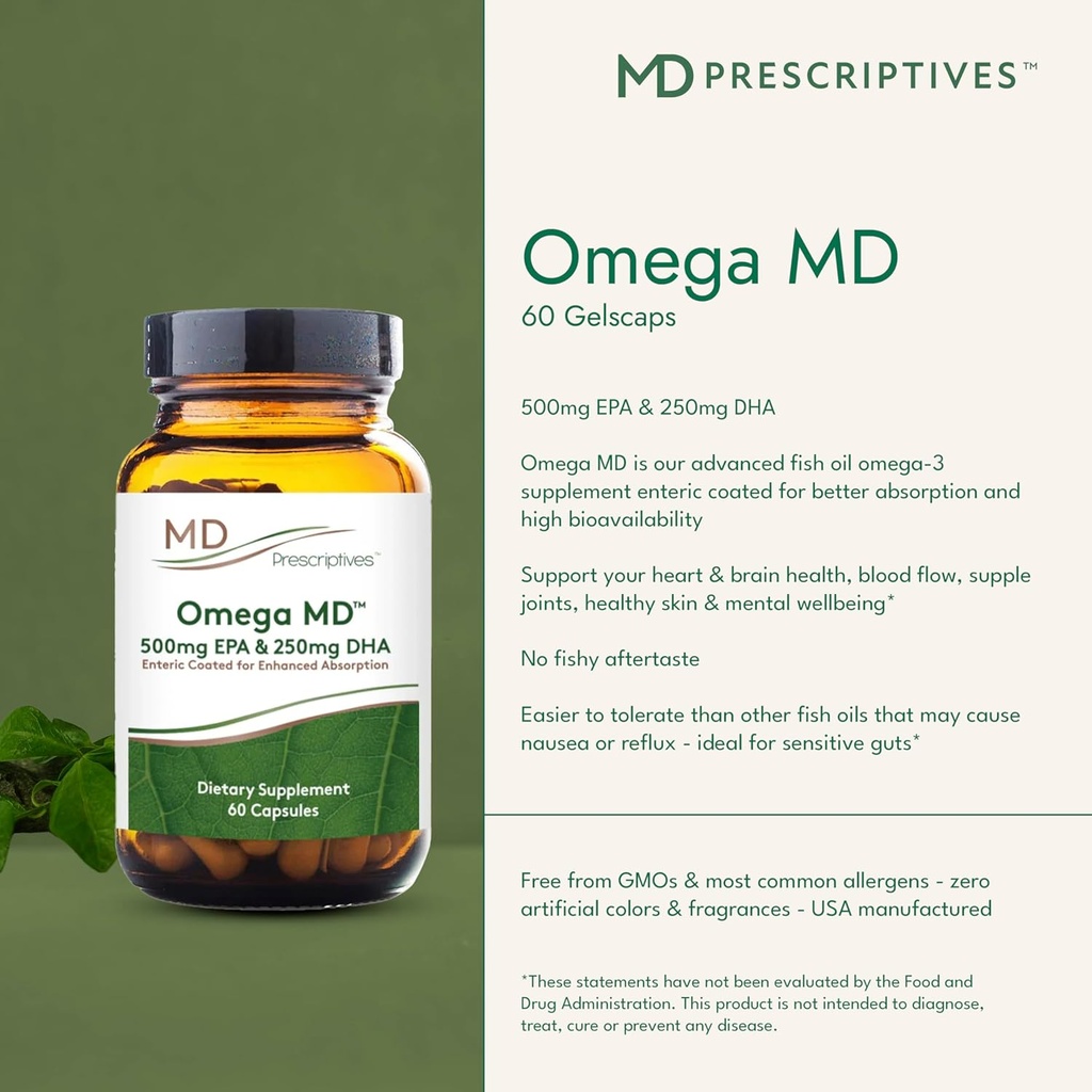 MD Prescriptives Omega MD Supplement - 500 EPA & 250 DHA Omega 3 Fish Oil - Supports Brain Health & Joints* - No Fishy Smell - 60 Softgels 4