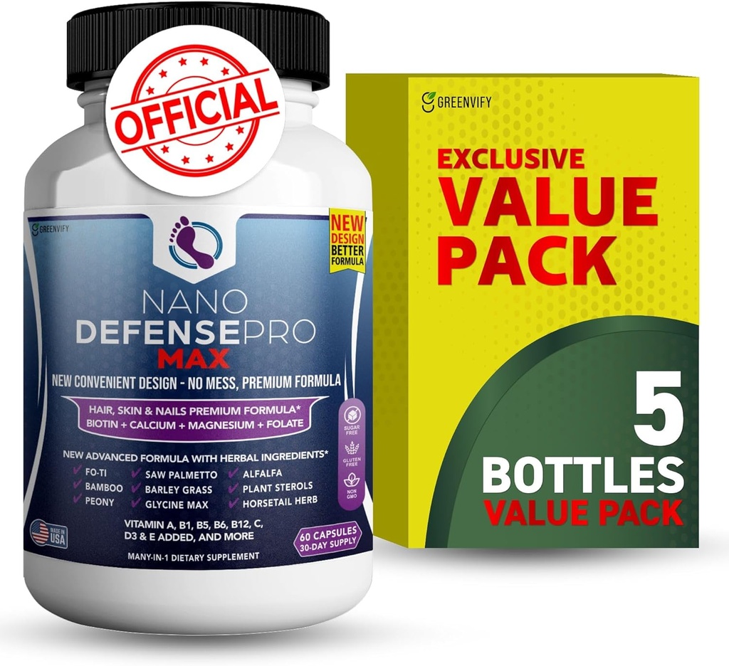 Nano Defense Pro Max Hair Skin and Nails Supplement, Biotin Calcium Magnesium Complex, 60 Capsules, 30-Day Supply (5) 2