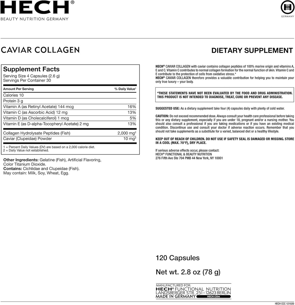 Caviar Collagen Capsules - Beauty Supplement with 2,000 mg Marine Collagen Peptides, Caviar Extract and Vitamin Complex 3